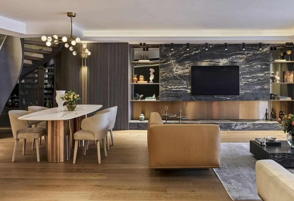 Luxury granite media wall in Cotswold home